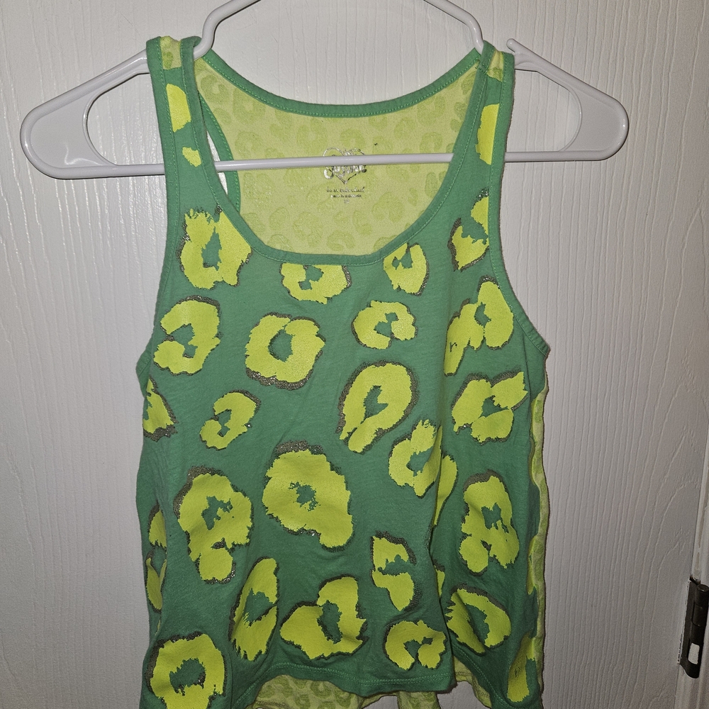 Justice Girls Green Tank Top with Neon Yellow Leopard Print